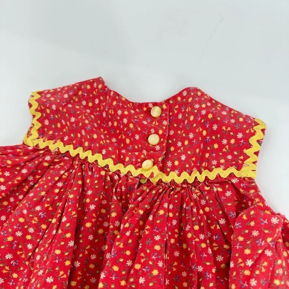 Vintage Handmade Girls Red Floral Dress 18–24M Yellow Rickrack Trim